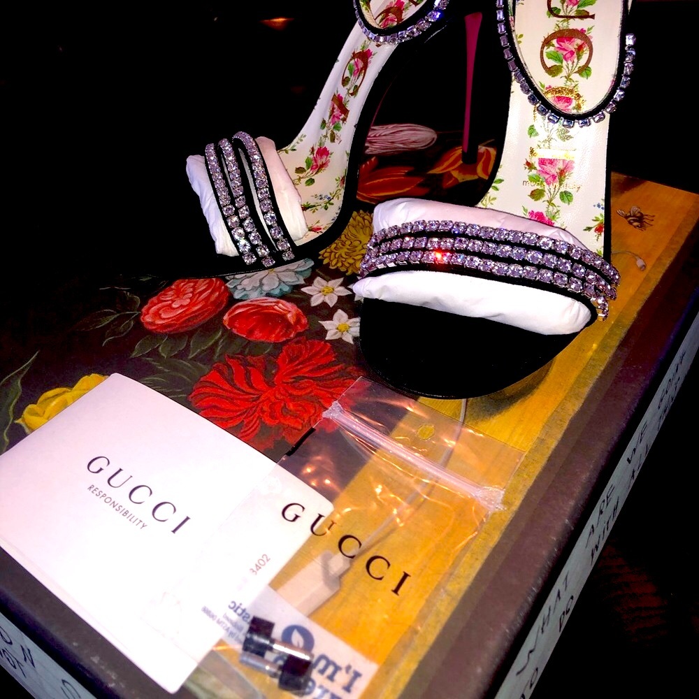 GUCCI Suede Crystal Embellishments Sandals